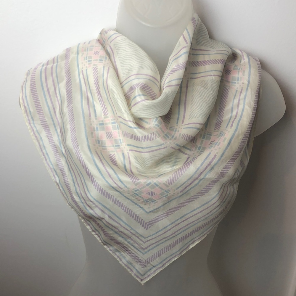 Vintage Cream Scarf with Lavender, Pale Pink & Light Blue Geometric Stripes